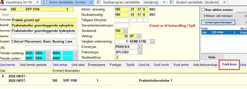Bildet viser hvordan forkunnskapskrav ser ut i FS